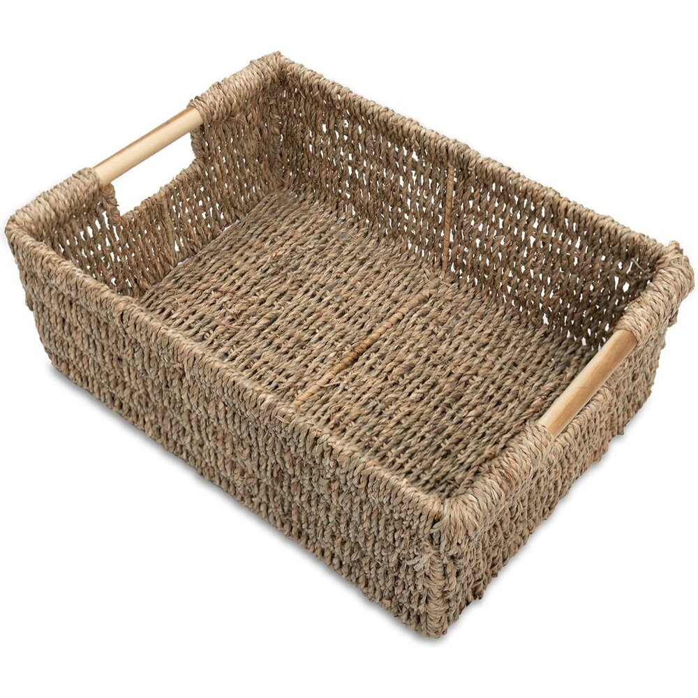 Large Natural Wicker Basket Rectangular with Wooden Handles, Seagrass Storage fo - Picture 1 of 9